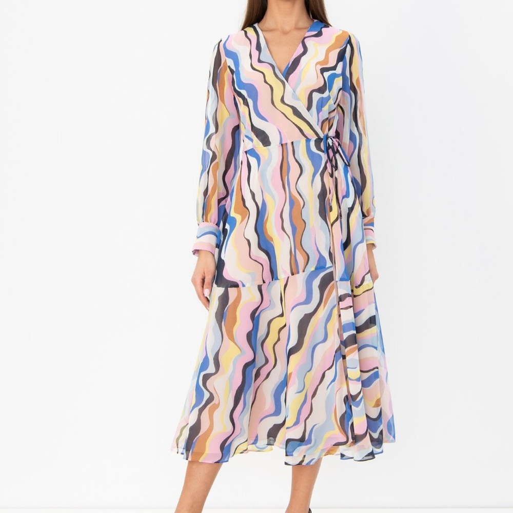 Marella Faux Wrap Wavy Mod Print Maxi Dress Pastel Multi